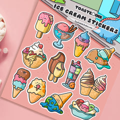 Ice cream stickers on pink table close up