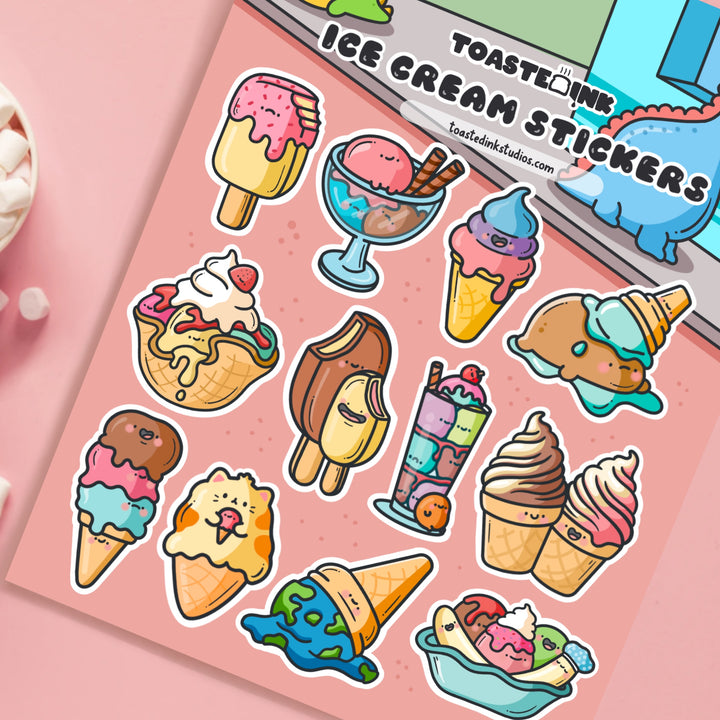 Ice cream stickers on pink table close up