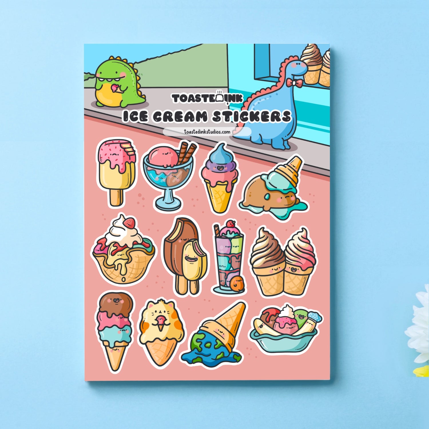 Ice cream stickers on blue table