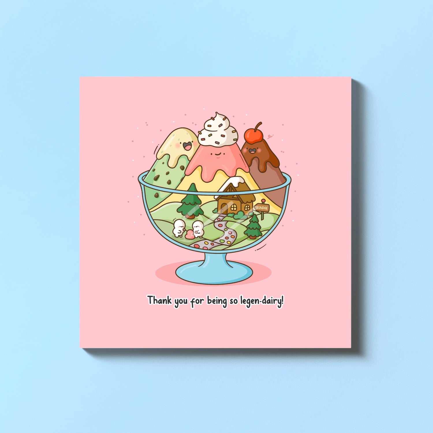 Ice cream sundae Card on blue background