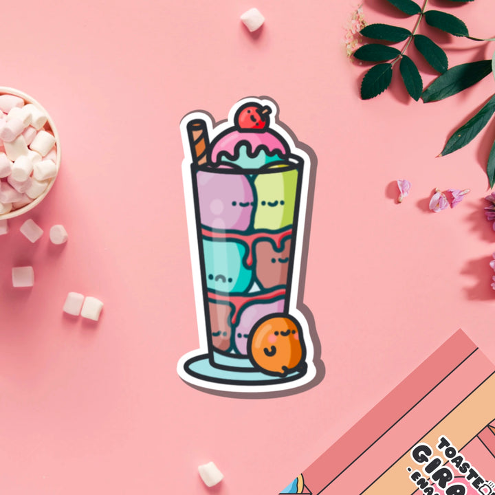 Ice cream sundae vinyl sticker on pink table