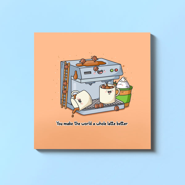 Latte coffee machine greeting card on blue table