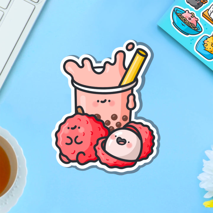 Lychee Bubble Tea vinyl sticker on blue table