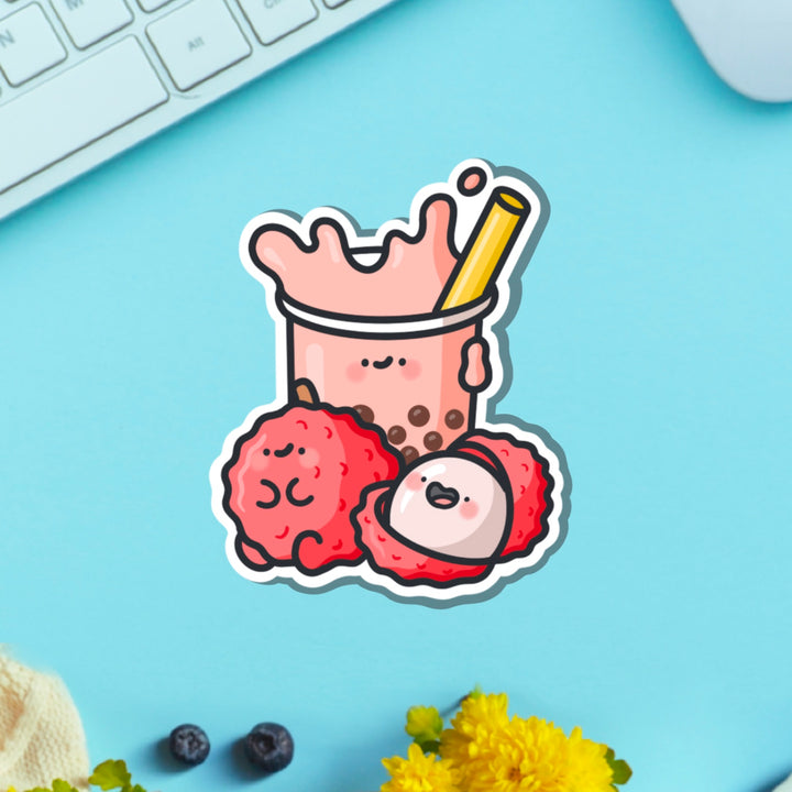 Lychee Bubble Tea vinyl sticker on green table