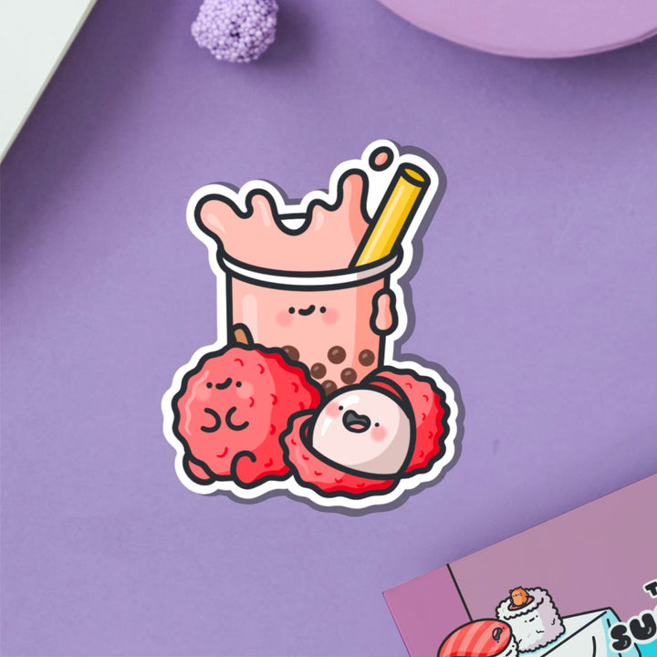 Lychee Bubble Tea vinyl sticker on purple table