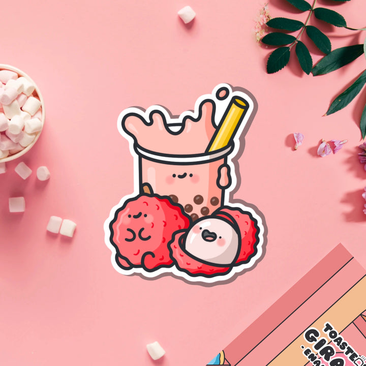 Lychee Bubble Tea vinyl sticker on pink table