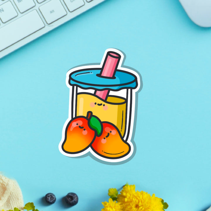 Mango bubble tea vinyl sticker on green table