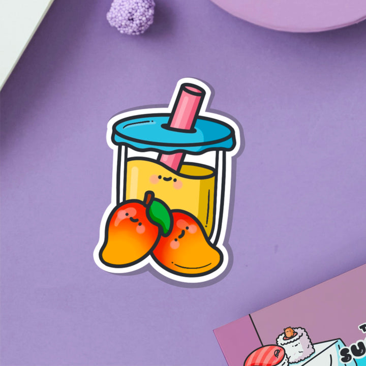 Mango bubble tea vinyl sticker on purple table