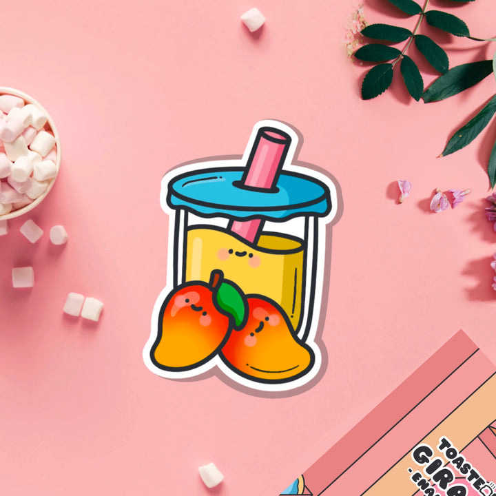 Mango bubble tea vinyl sticker on pink table