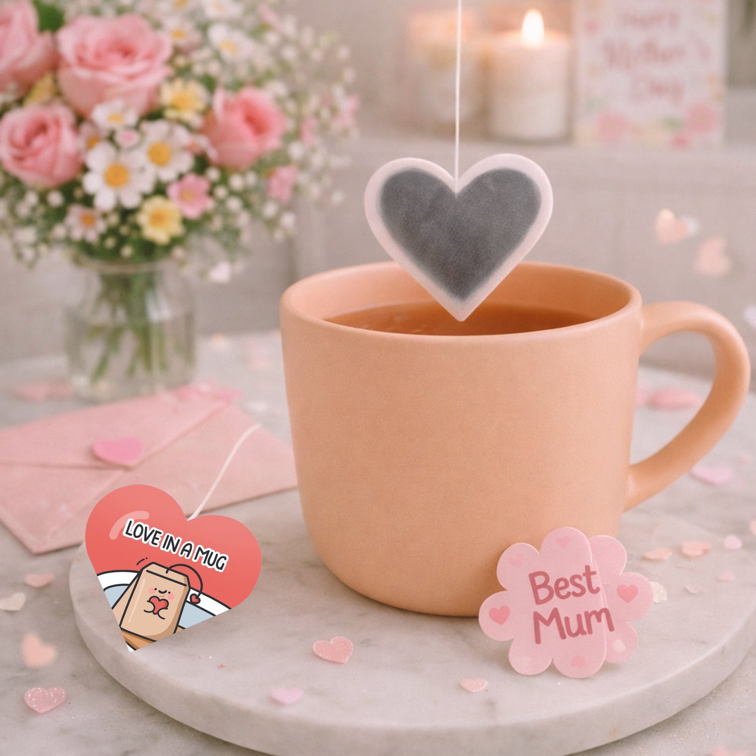 Pink mug with heart-shaped tea bag, flowers, and 'Best Mum' card on a decorative plate.