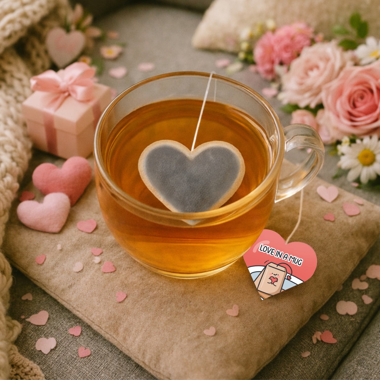 Glass mug of tea with heart-shaped tea bag, surrounded by flowers and gift box on a soft surface.