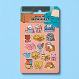 Movie night themed sticker sheet on blue background