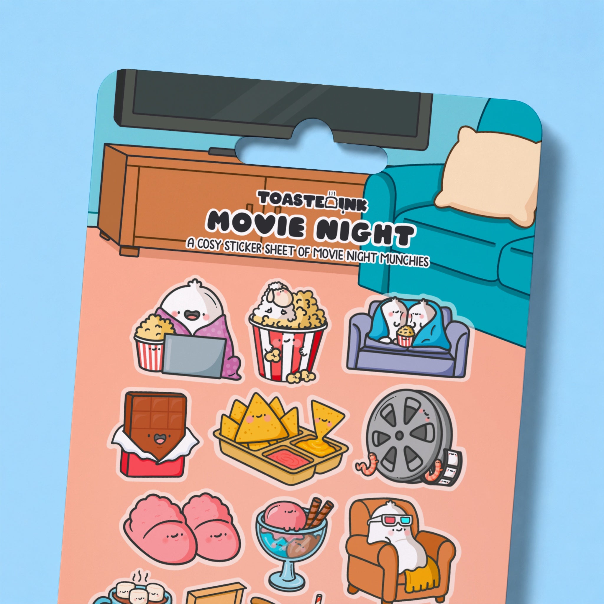 Movie themed sticker sheet close up on blue table