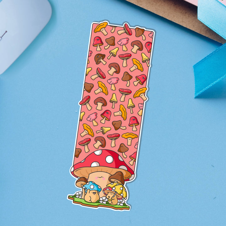 Mushroom bookmark on blue table