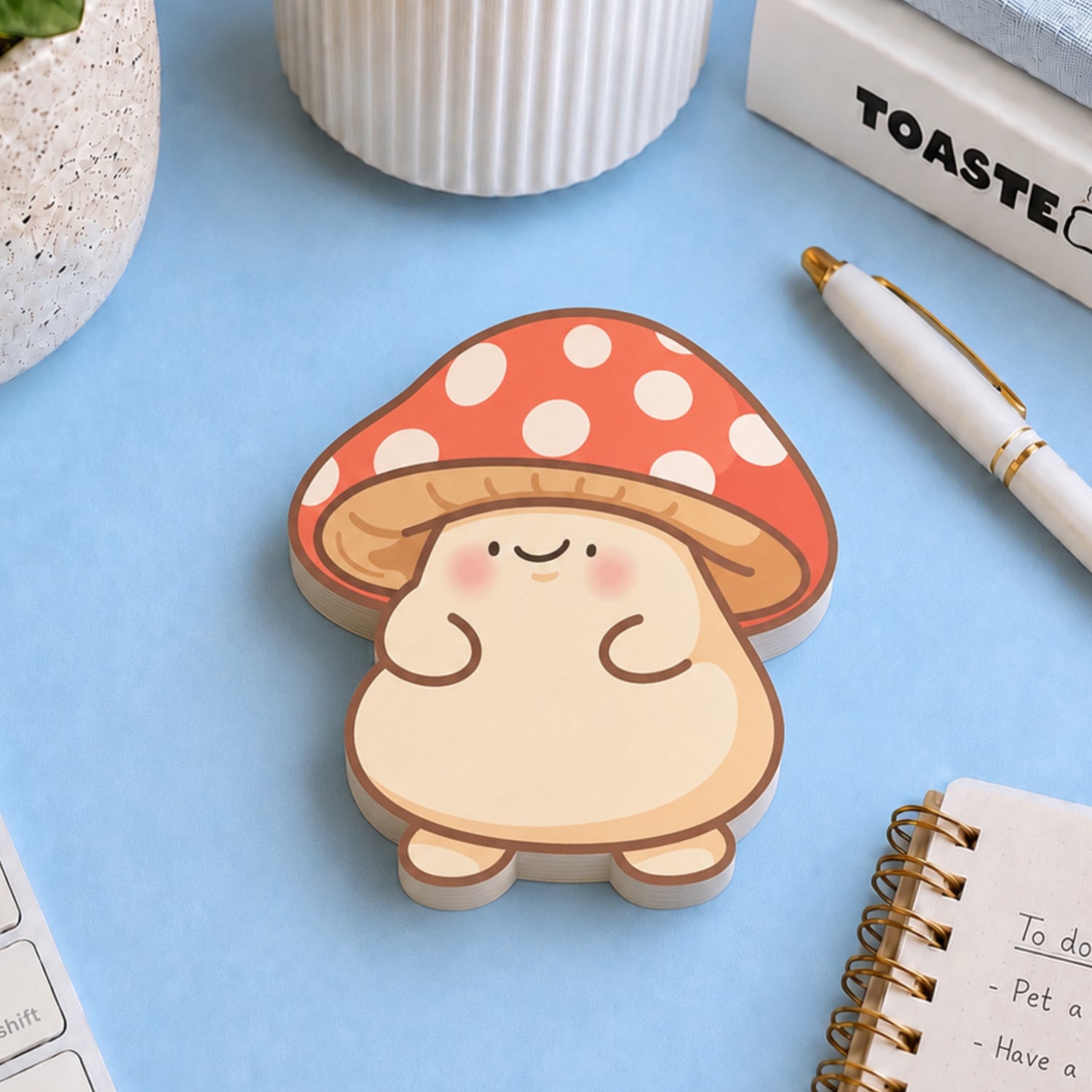 Mushroom shaped sticky notes on a blue desk with stationery