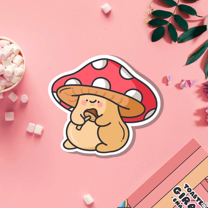 Mushroom vinyl sticker on pink table