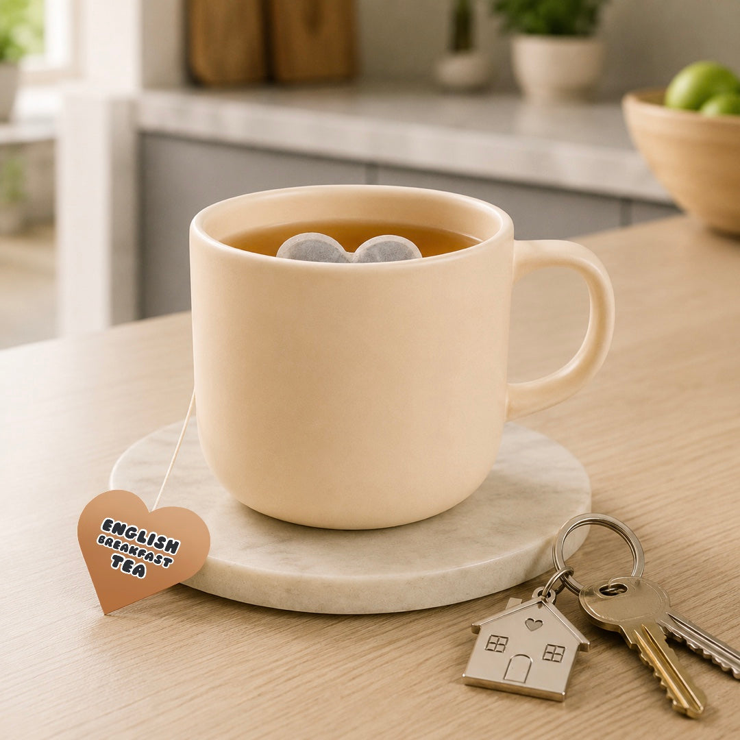 Heart Shaped Tea Bag with Heart Tag that reads 'English Breakfast Tea'