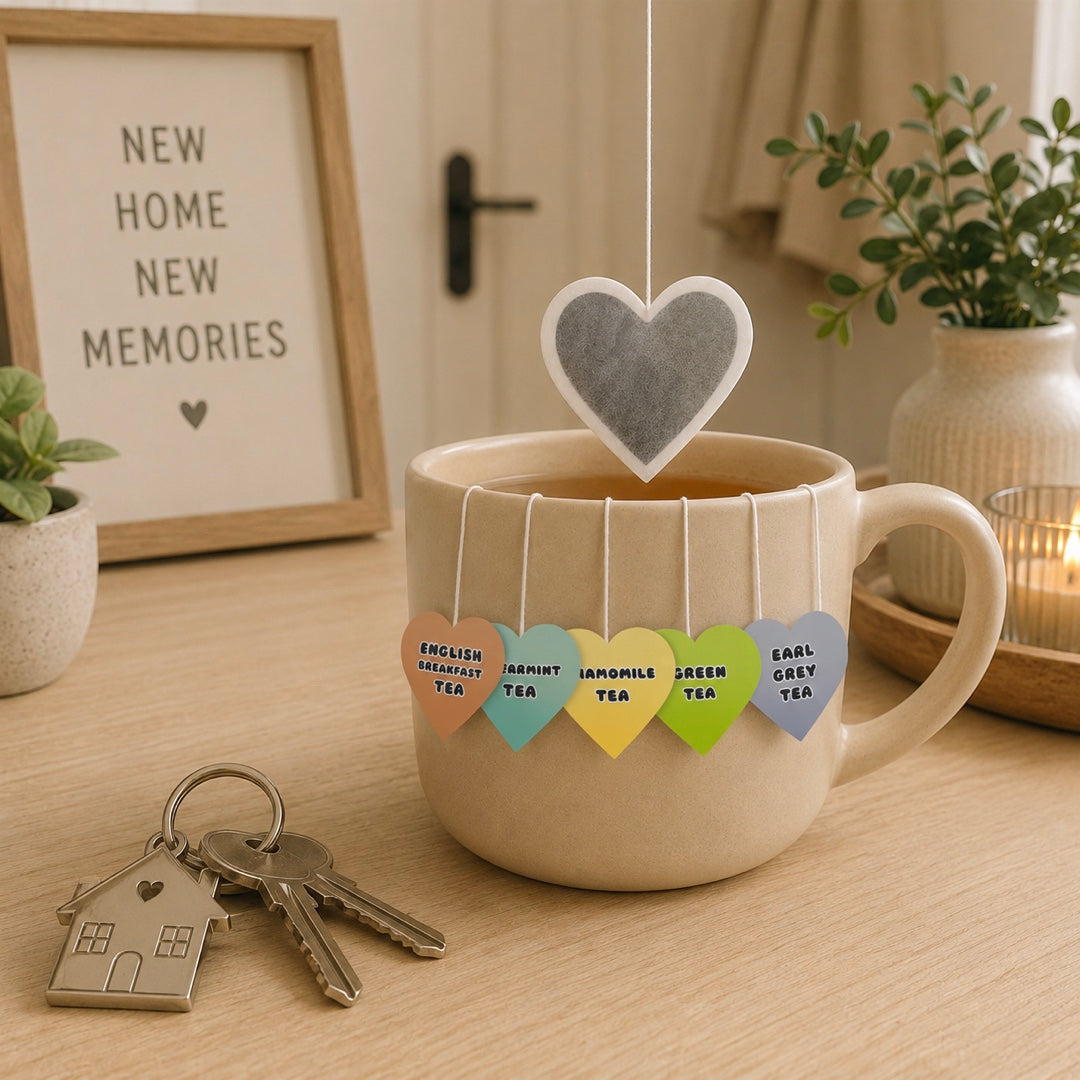 Heart shaped tea bags over a mug with different flavour tags 