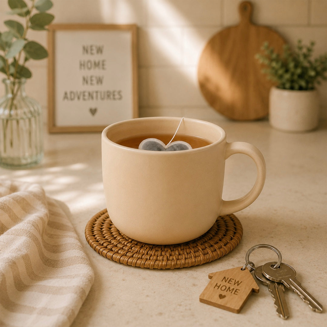 Heart shaped tea bag in a mug with cosy kitchen setting with new home keys