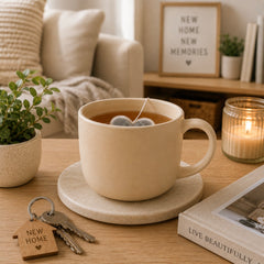 Heart shaped tea bag in a cosy living room setting with new home keys