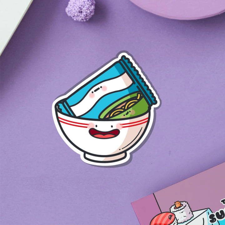 Packet of ramen vinyl sticker on purple table