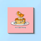 Pancakes card on blue background