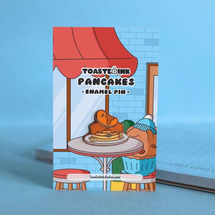 Pancakes enamel pin on cafe backing card