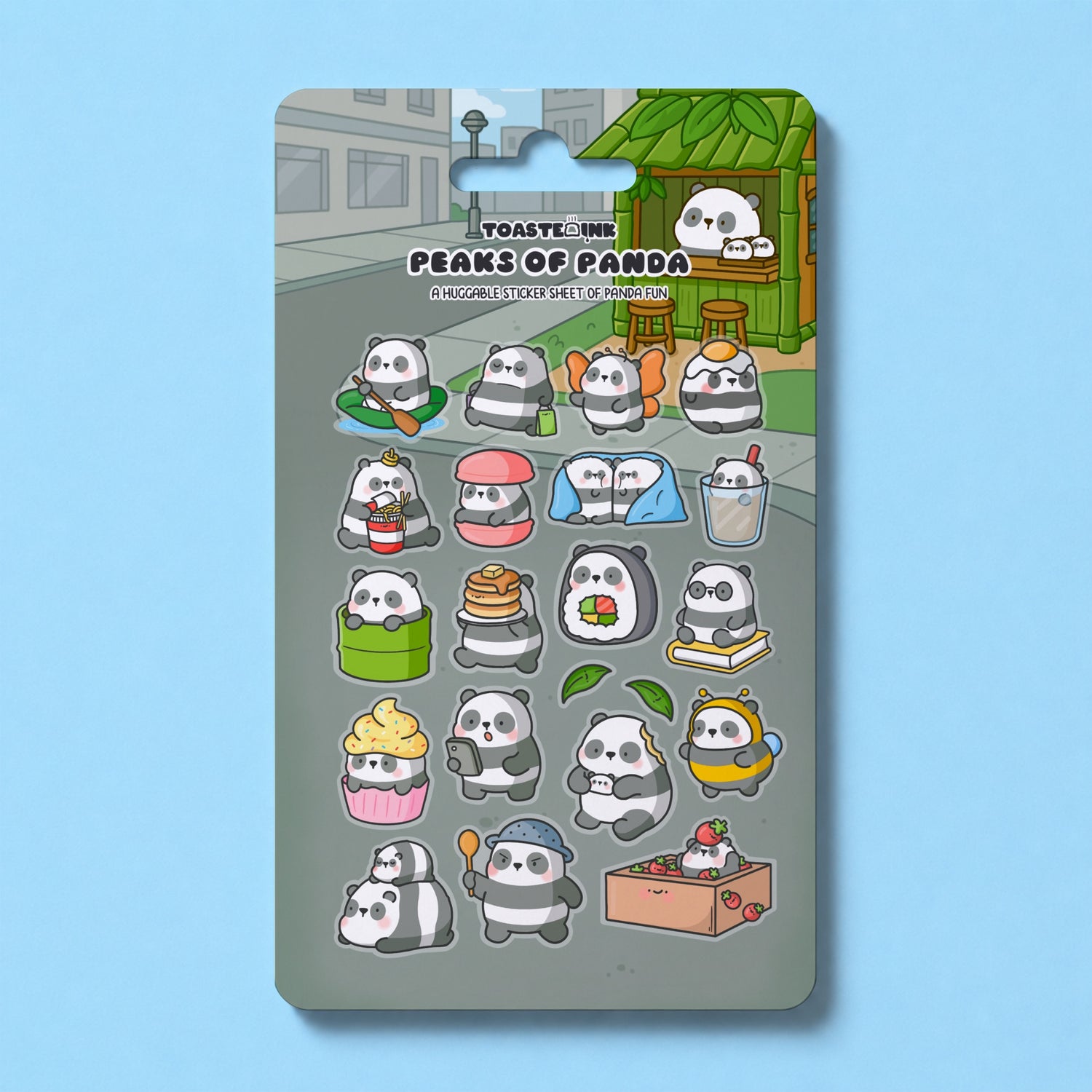 Panda sticker sheet on blue table 