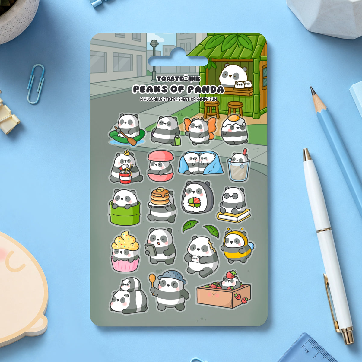 Panda sticker sheet featuring whimsical panda designs scattered with stationery
