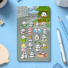 Panda sticker sheet featuring whimsical panda designs scattered with stationery