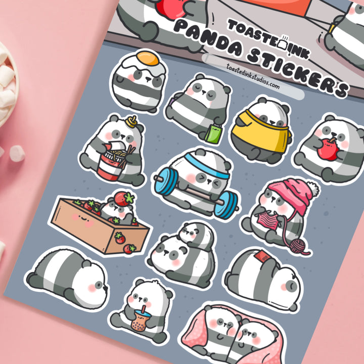 Panda Stickers close up on pink desk