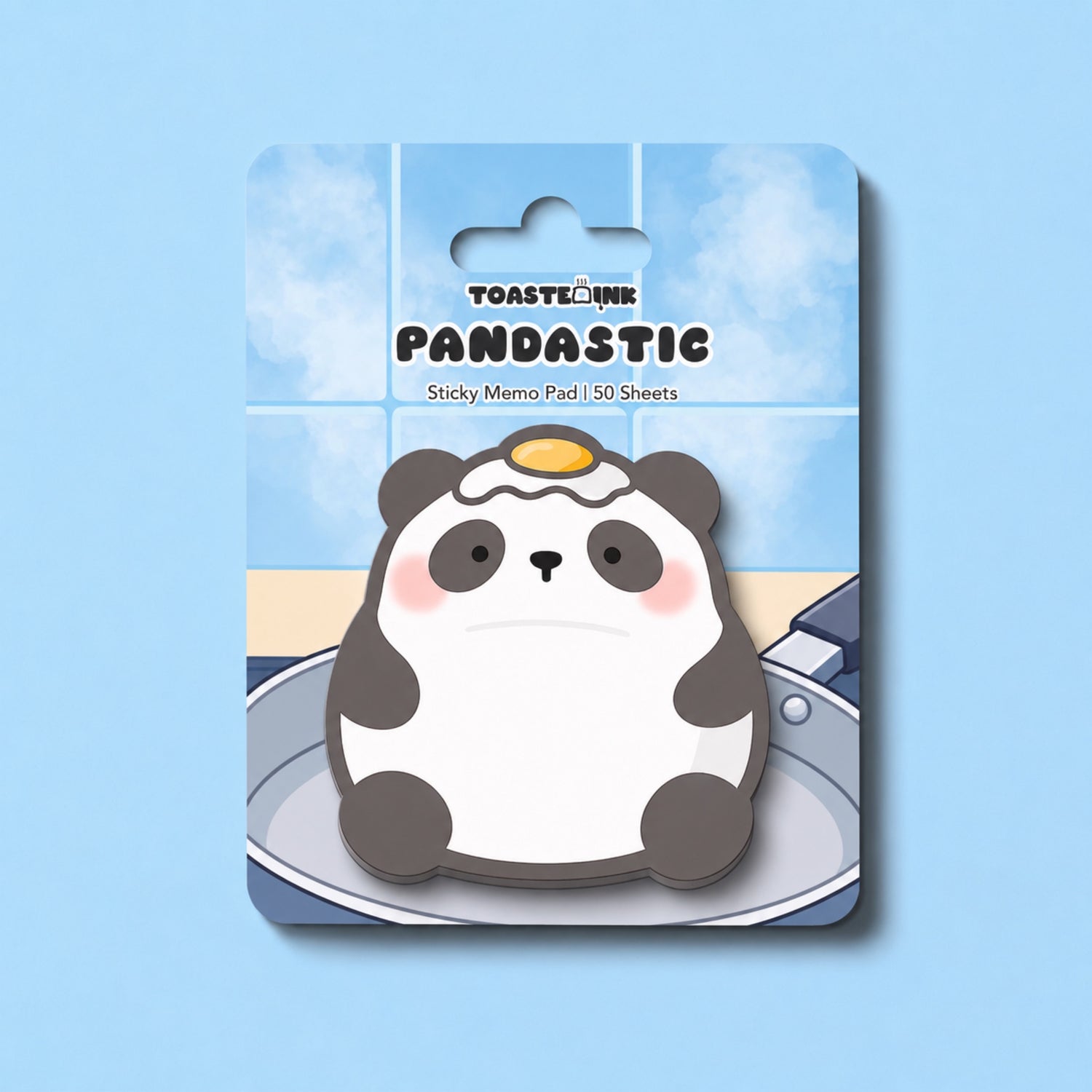 Panda shaped sticky notes in frying pan backing card