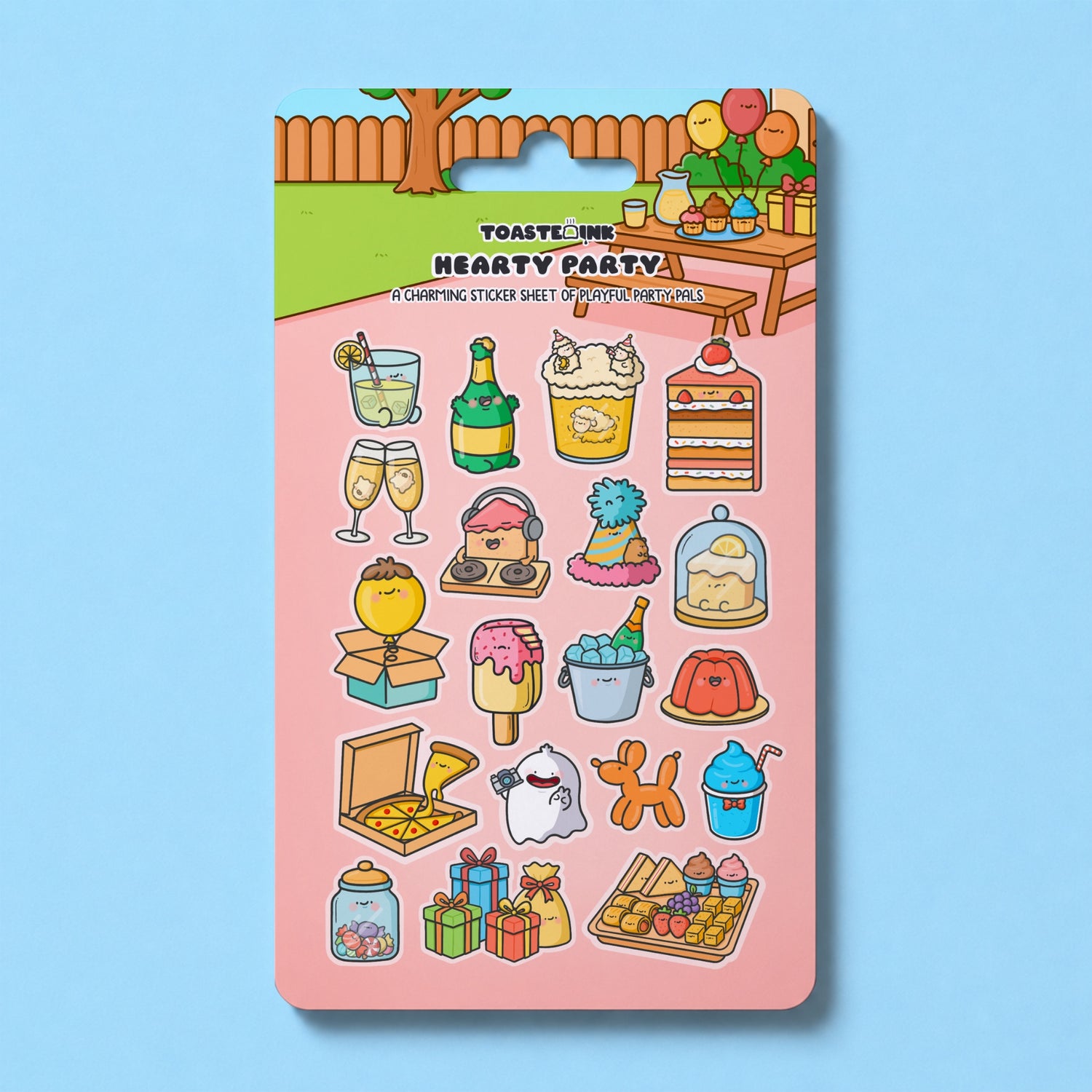 Party sticker sheet with whimsical party illustrations