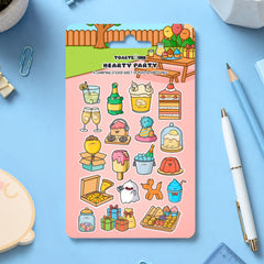 Party sticker sheet with whimsical illustrations and stationery scattered around