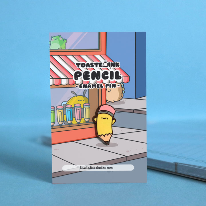 Pencil enamel pin on street design backing card