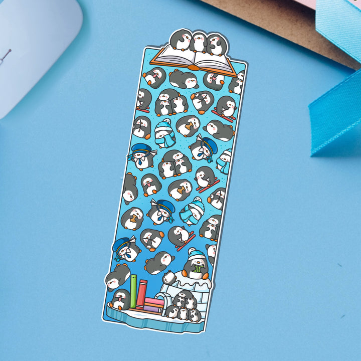 Penguin Bookmark on blue table