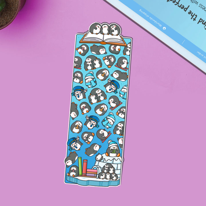 Penguin Bookmark on purple table