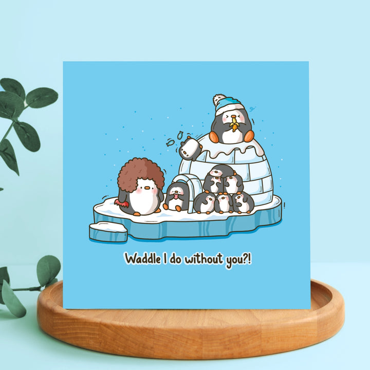 Penguin Card on wooden plate