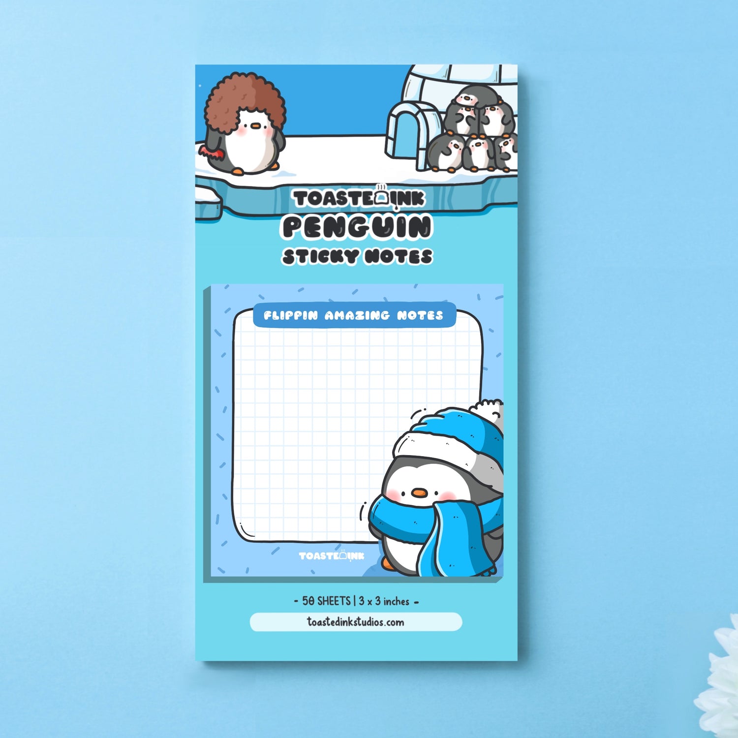 Penguin sticky notes on blue background