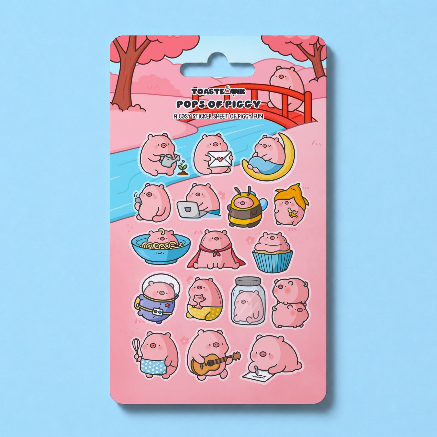 Pig sticker sheet placed on blue desk