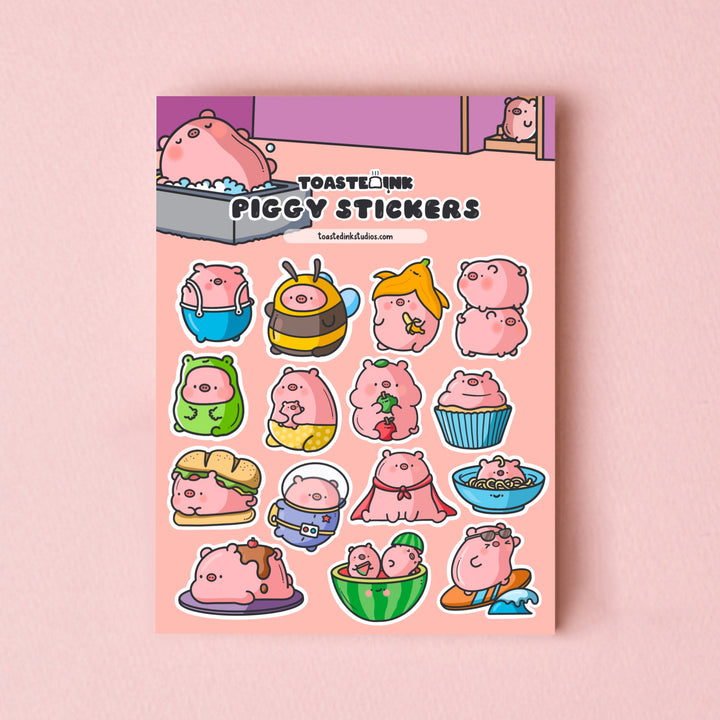 Pig sticker sheet on pink table