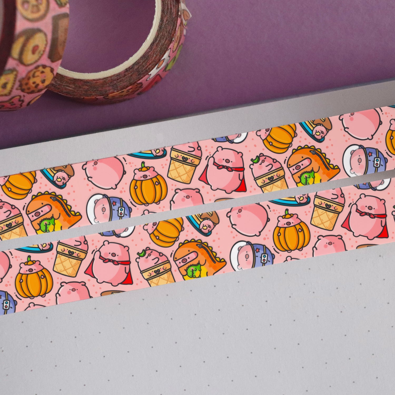 Pig washi tape on purple table