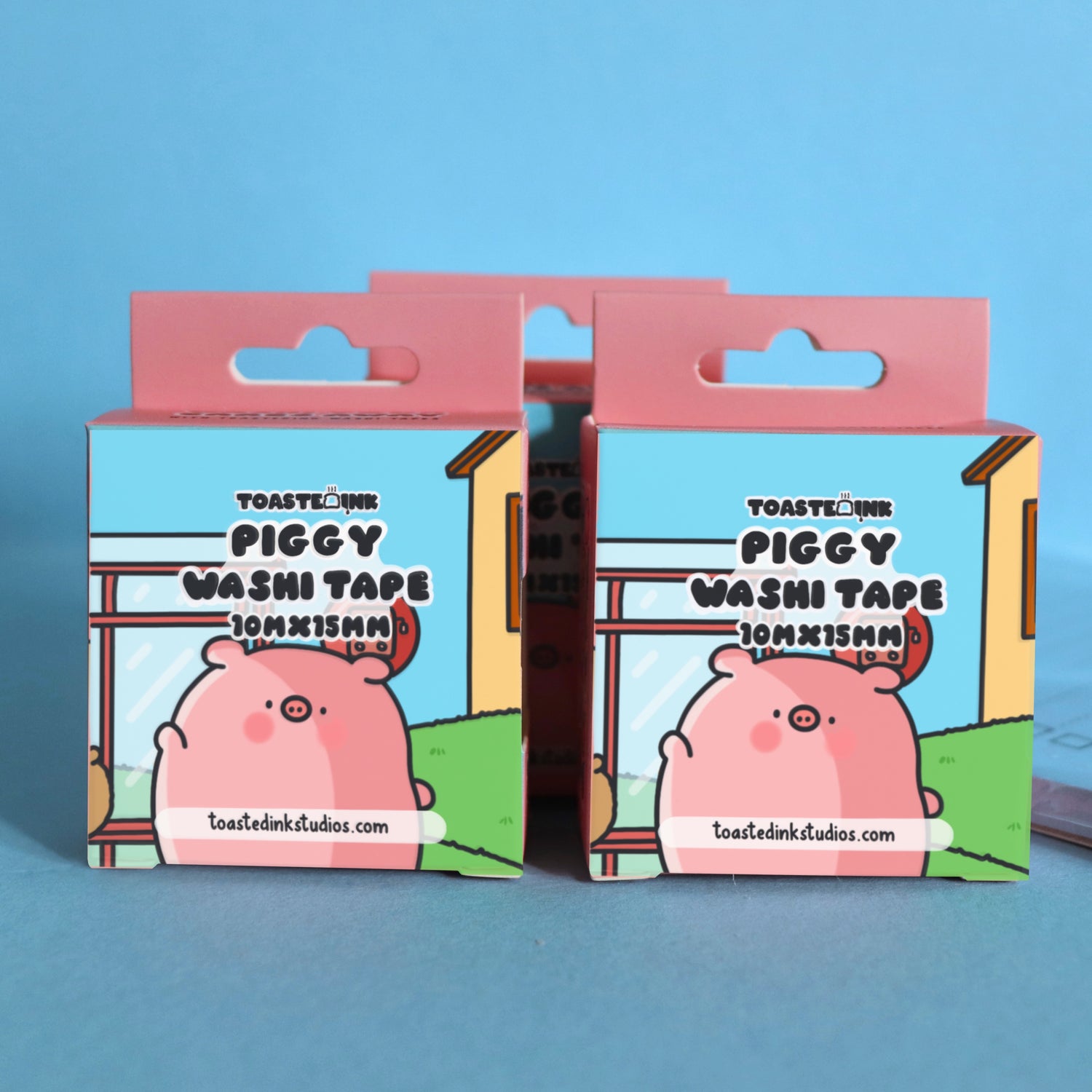 Pig washi tape box on blue table