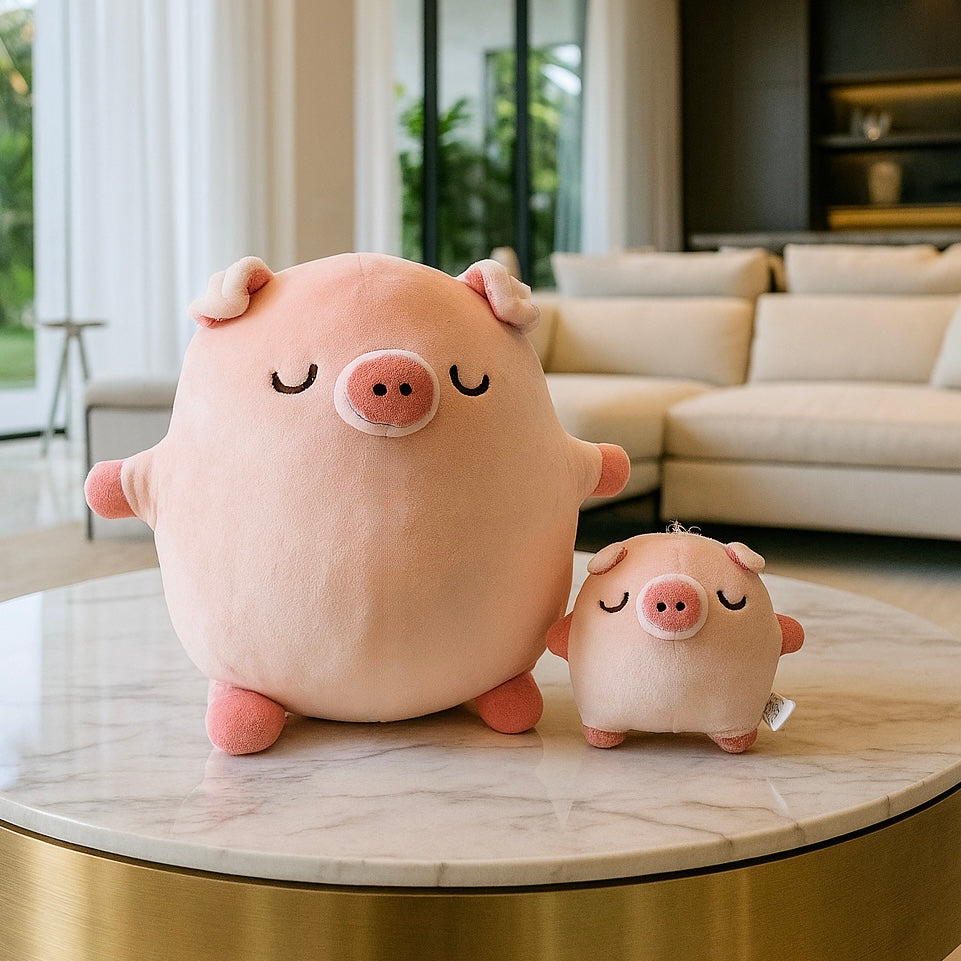 Pig plush with pig plush keychain in modern living room