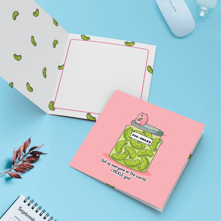 Pigckle card with pickle print inside
