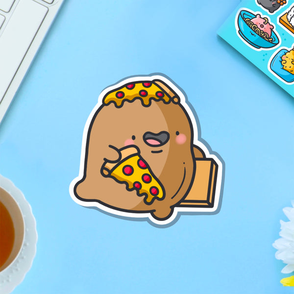 Potato with pizza vinyl sticker on blue table