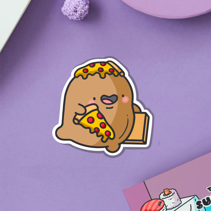 Potato with pizza vinyl sticker on purple table