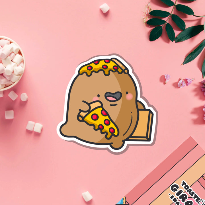 Potato with pizza vinyl sticker on pink table