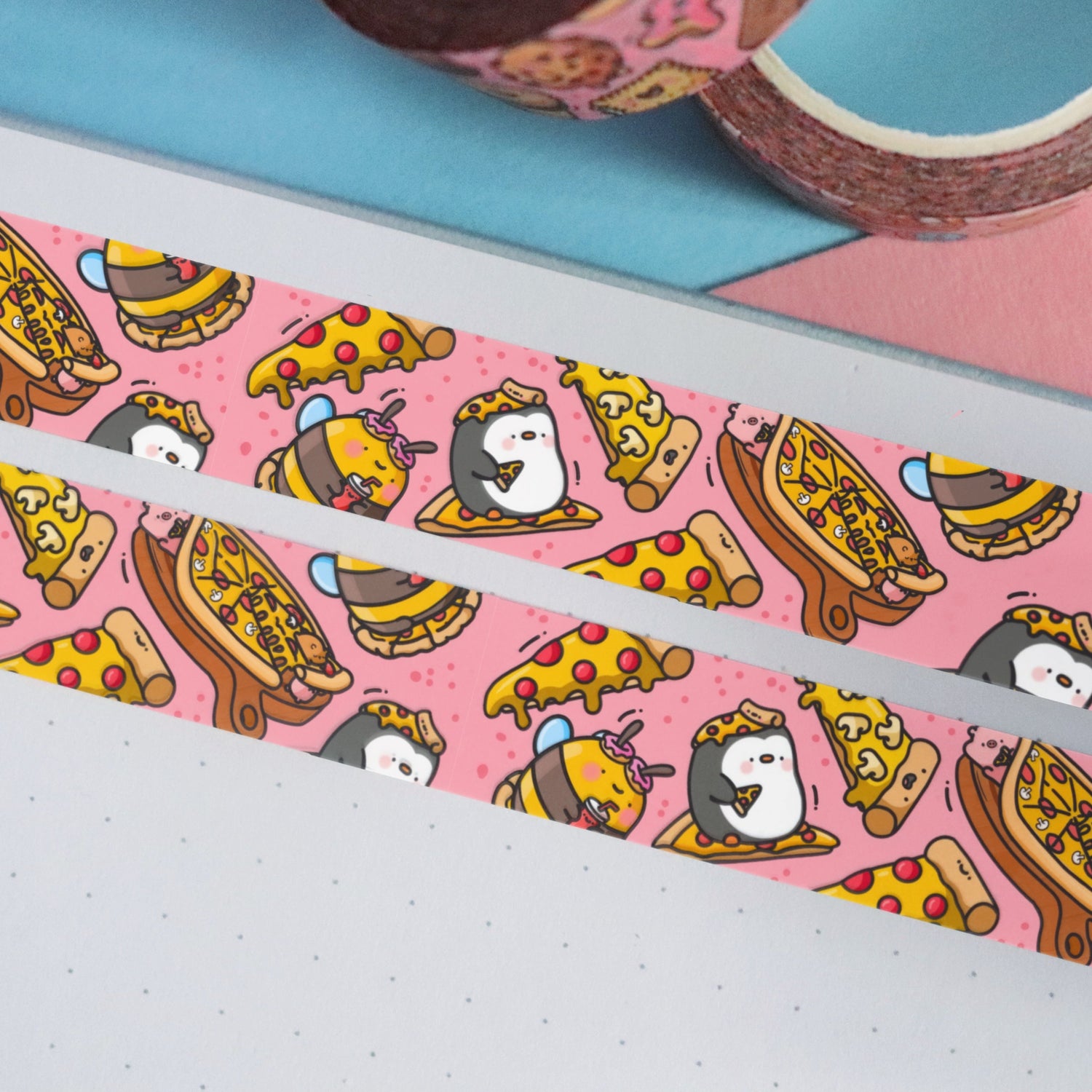 Pizza washi tape on blue and pink table