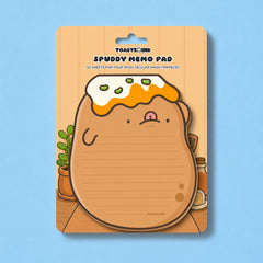 Potato shaped memo pad on cute backing card on blue table